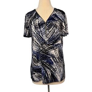 Claudia Richard Blouse Women's L Colorful Zip V-Neck Short Sleeve Shirt Top